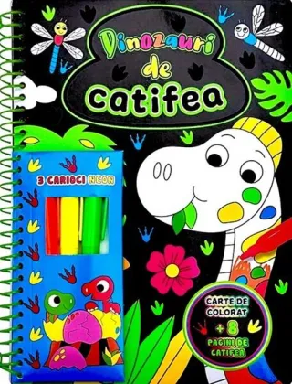 Dinozauri de catifea. Carte de colorat + 3 carioci neon