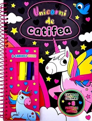 Unicorni de catifea. Carte de colorat + 3 carioci neon